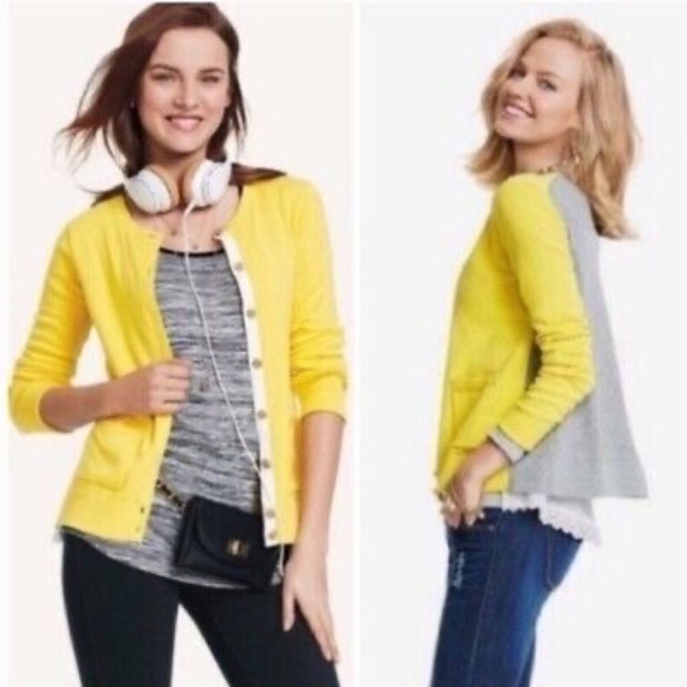 Cabi Belle Cardi Yellow/Grey Lace Trim Cardigan Sweater Sz XS